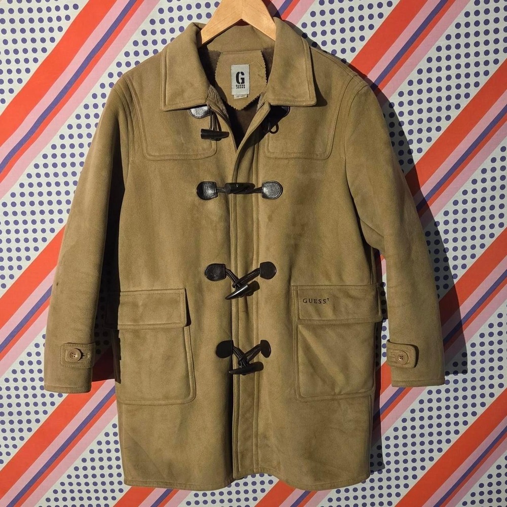 Vintage Guess Jeans 90s Suede Sherpa Lined Duffle Coat Tan Toggle Korea Mens